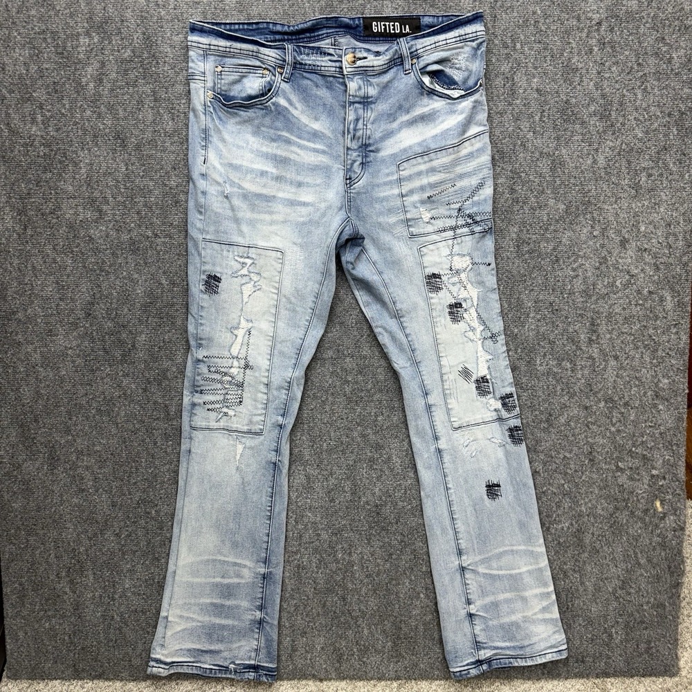 Gifted LA button fly bootcut 36 36x34  distressed sewn patches holes streetwear